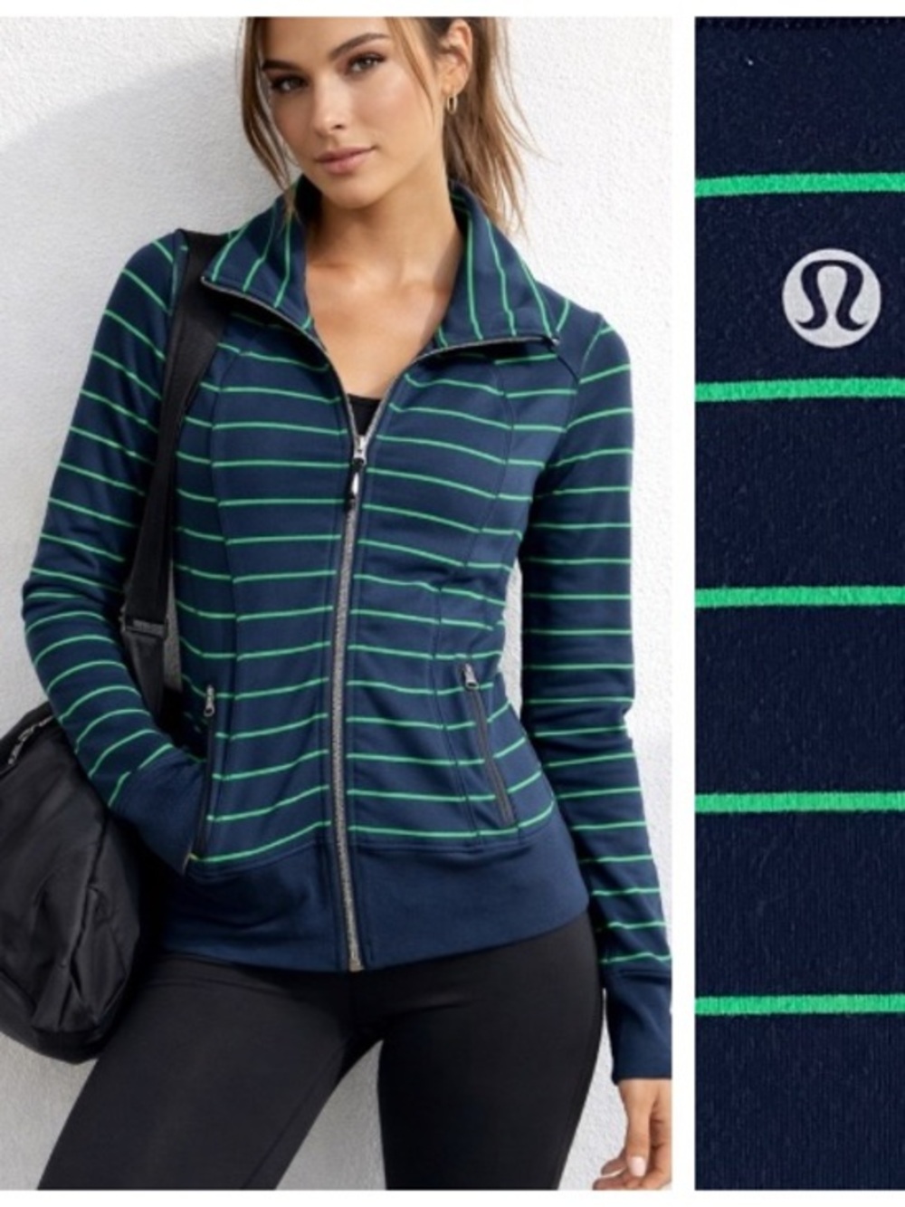 Lululemon Navy Blue Green Stripe Nice Asana Jacket Slalom Stripe Inkwell Small
